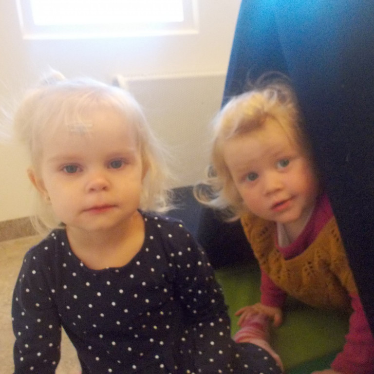 Nadía og Saga eru að leika sér að skríða undir dýnunna