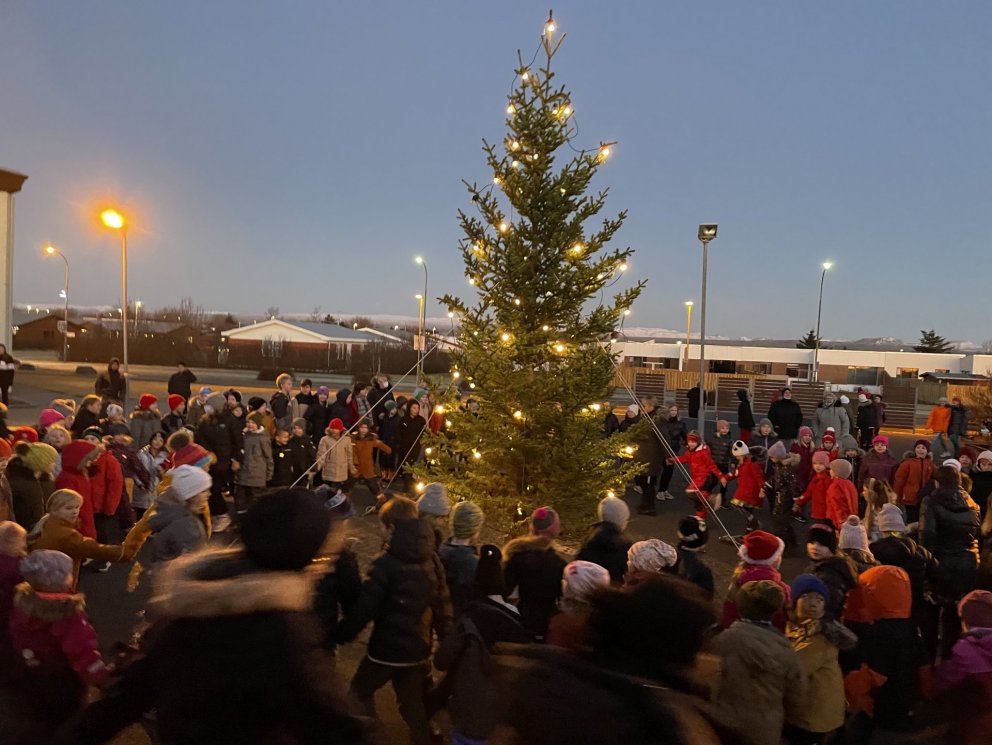 Jólaljósin tendruð á jólatrénu við skólann