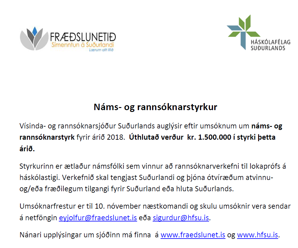 Vísinda- og rannsóknarsjóður Suðurlands auglýsir eftir umsóknum um náms- og rannsóknarstyrk fyrir ár…