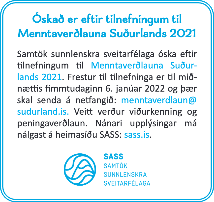SASS óskar eftir tilnefningum til Menntaverðlauna Suðurlands 2021.