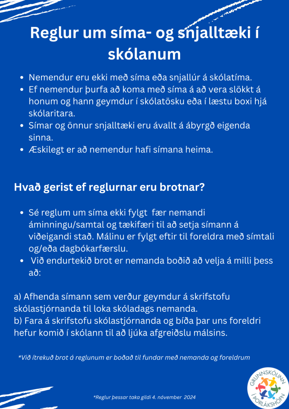 Símafrí á skólatíma -nýjar reglur um símanotkun í Grunnskólanum í Þorlákshöfn