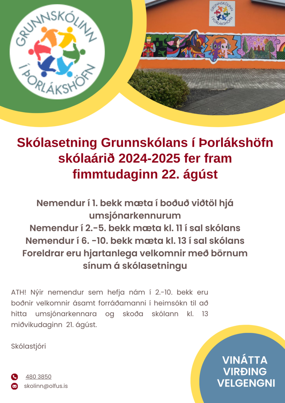 Skólasetning skólaársins 2024-2025 - fimmtudaginn 22. ágúst