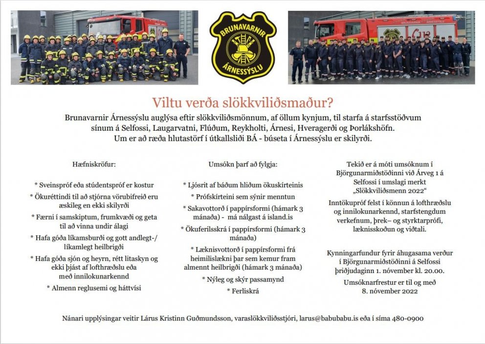 Brunavarnir Árnessýslu auglýsa eftir slökkviliðsfólki