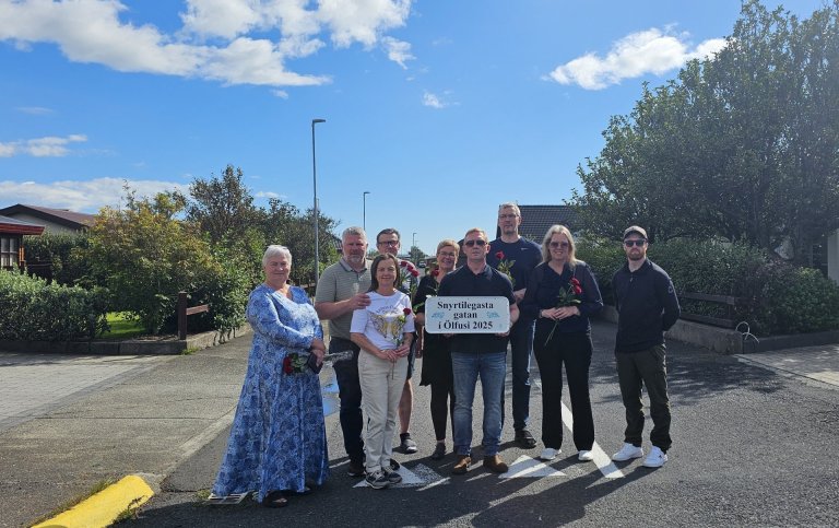 Á myndinni eru íbúar götunnar sem voru heima með fulltrúum umhverfisnefndar Hrönn Guðmundsdóttur og …