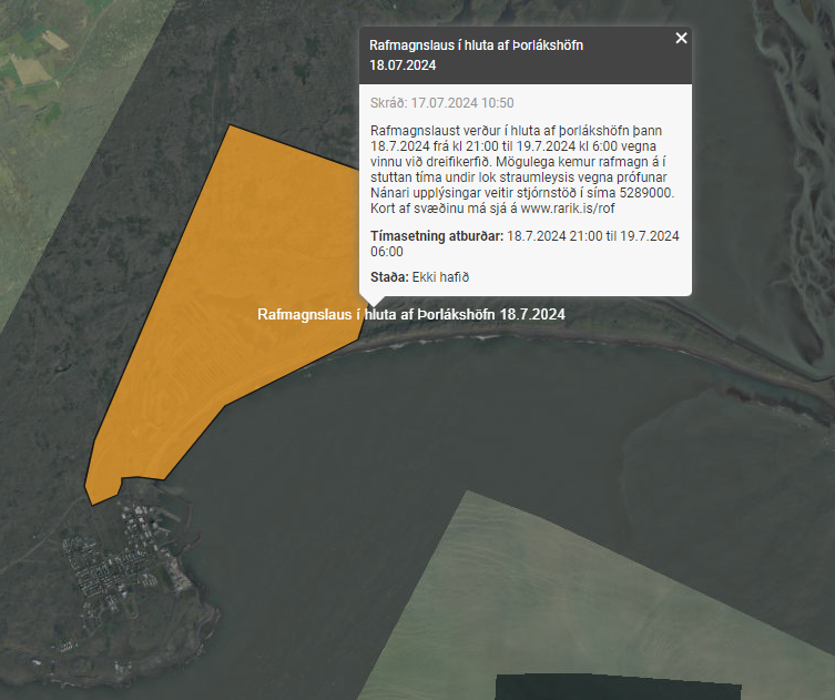 Rafmagnslaust í hluta af Þorlákshöfn frá kl. 21:00 18.07.2024 til kl. 06:00 19.07.2024
