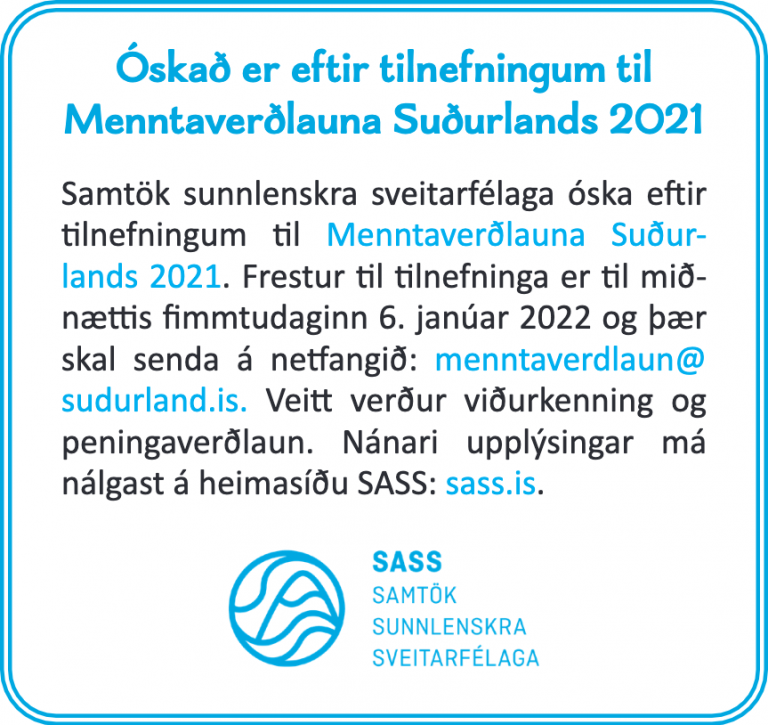 SASS óskar eftir tilnefningum til Menntaverðlauna Suðurlands 2021.