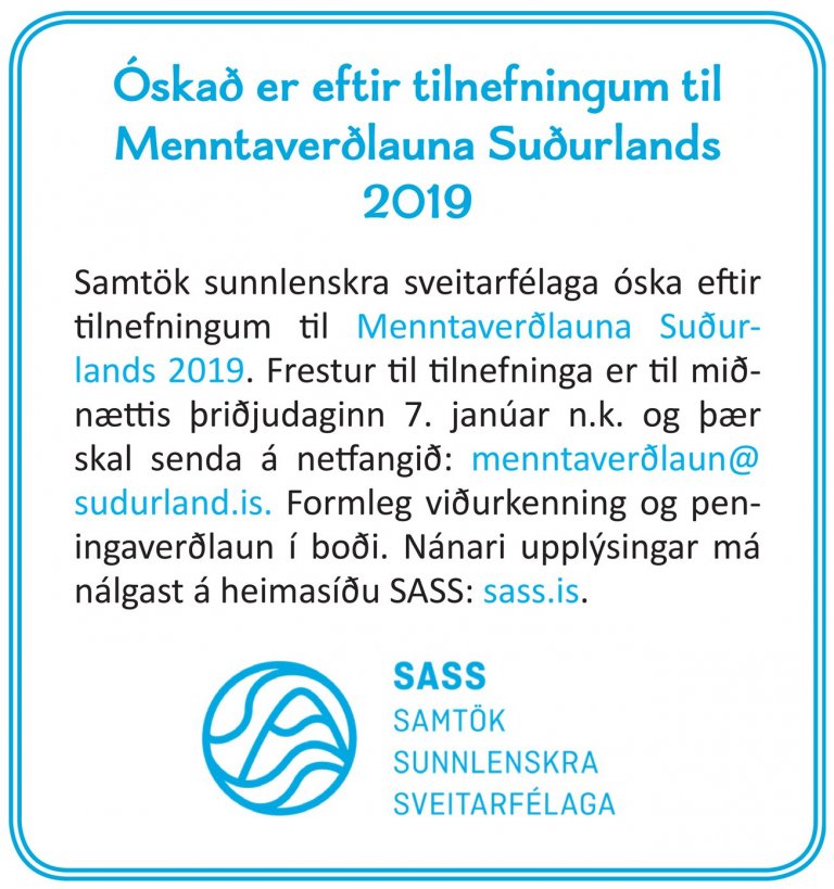 Óskað er eftir tilnefningum til Menntaverðlauna Suðurlands 2019